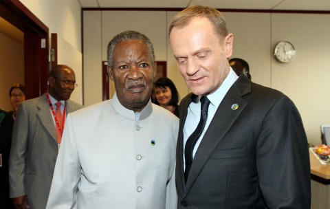 President Michael Sata with Polish Prime Minister Mr Donald Tusk at Justus Lipsius building in Brussels, Belgium on Wednesday, April 2, 2014. Picture BY EDDIE MWANALEZA — in Belguim.