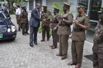 ZAMBIA PRISONS SERVICE COMMISSIONER PERCY K. CHATO GREETING TANZANIA PRISONS SERVICE SENIOR OFFICERS ON ARRIVAL AT THE TANZANIA PRISONS HEADQUARTERS.
