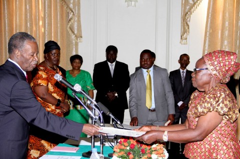 President Sata receives an affidavit of Oath from Zambia's Ambassador to Malawi Salome Mwananshiku during the Swearing-in-ceremony at State House on May 30,2014 -Picture by THOMAS NSAMA