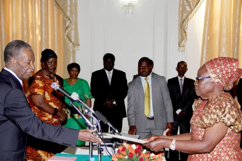 President Sata receives an affidavit of Oath from Zambia's Ambassador to Malawi Salome Mwananshiku during the Swearing-in-ceremony at State House on May 30,2014 -Picture by THOMAS NSAMA