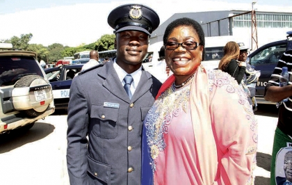 FORMER First Lady Vera Chiluba with her son Frederick Chiluba junior after a pass-out parade at Zambia Air Force base in Livingstone yesterday.- Picture by MACKSON WASAMUNU.