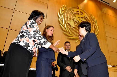First Lady Dr Christine Kaseba and Melinda Gates (second from left) being congratulated by WHO Director-General Margaret Chan (r) after their Key note address to the World Health Assembly at UN Building in Geneva on May 21,2014