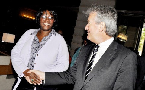 First Lady Dr Christine Kaseba being welcomed by InterContinental -Geneva Director General Jurgen Baumhoff (r) on arrival at the Hotel