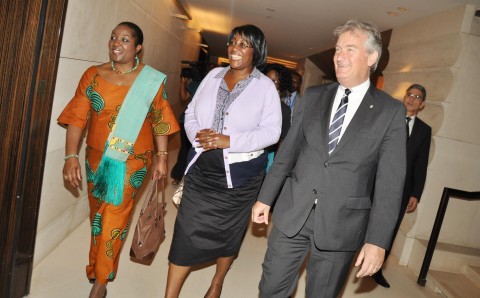 First Lady Dr Christine Kaseba (c) flanked by Zambia's Permanent Representative to the United Nations in Geneva Ambassador Encyla Sinjela and InterContinental -Geneva Director General Jurgen Baumhoff (r)