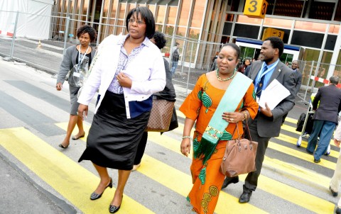 First Lady Dr Christine Kaseba flanked by Zambia's Permanent Representative to the United Nations in Geneva Ambassador Encyla Sinjela (r) on arrival at Geneva Airport for the World Health Assembly