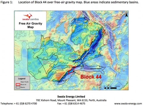 Location of Block 44 over free-air gravity map. Blue areas indicate sedimentary basins.