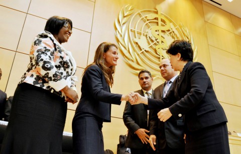Melinda Gates and First Lady Dr Christine Kaseba being congratulated by WHO Director-General Margaret Chan (r) and WHO president Roberto Morales Ojeda (second from right) after delivering their speeches at World Health Assembly