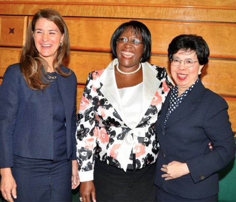 Melinda Gates (l) with WHO Director-General Margaret Chan (r) and First Lady Dr Christine Kaseba shortly before delivering their key note address to the World Health Assembly