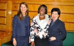 Melinda Gates (l) with WHO Director-General Margaret Chan (r) and First Lady Dr Christine Kaseba shortly before delivering their key note address to the World Health Assembly at UN Building in Geneva on May 20,2014