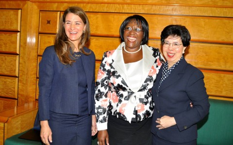 Melinda Gates (l) with WHO Director-General Margaret Chan (r) and First Lady Dr Christine Kaseba shortly before delivering their key note address to the World Health Assembly at UN Building in Geneva on May 20,2014