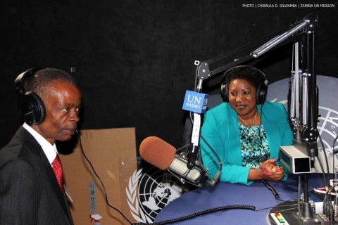 Minister of Information and Broadcasting Services Joseph Katema and acting chief of UN Radio Flora Nducha in the studio at UN Secretariatin New York on 30th April, 2014. PHOTO | CHIBAULA D. SILWAMBA | ZAMBIA UN MISSION