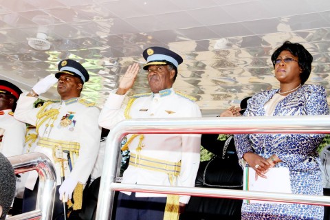 President Michael Sata with First Lady Dr Christine Kaseba and ZAF commander Lt Gen Eric Chimese during the Zambia Air Force commissioning parade in Livingstone on May 9,2014 - Picture courtesy of State House Press Office.