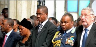 Vice-President Guy Scott (right), Zambia Air Force Commander Lieutenant General Erick Chimese, Defence Minister Edgar Lungu, Ministry of Defence PS Rosemary Salukatula and Justice Minister Wynter Kabimba (left) - by STEPHEN KAPAMBWE