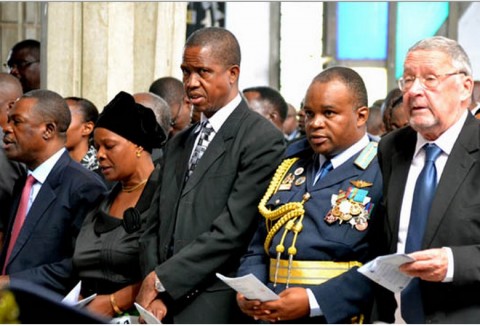 Vice-President Guy Scott (right), Zambia Air Force Commander Lieutenant General Erick Chimese, Defence Minister Edgar Lungu, Ministry of Defence PS Rosemary Salukatula and Justice Minister Wynter Kabimba (left) - by STEPHEN KAPAMBWE