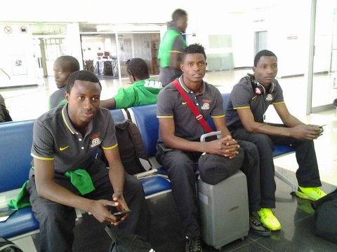 Waiting to board- Chipolopolo players, Lubambo Musonda, Toaster Nsabata and Joshua Titima waiting to board thier flight to Florida via South Africa