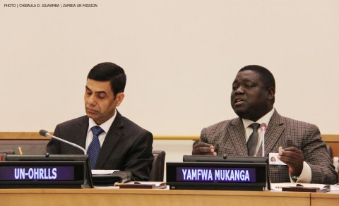 Minister of Transport, Works, Supply and Communications Yamfwa Mukanga and UN Under-Secretary-General Mr Gyan Chandra Acharya (left) during a side-event at the UN in New York on 12 June, 2014. PHOTO | CHIBAULA D. SILWAMBA | ZAMBIA UN MISSION