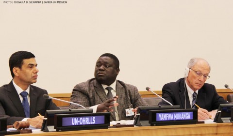 Minister of Transport, Works, Supply and Communications Yamfwa Mukanga (centre), UN Under-Secretary-General Gyan Chandra Acharya (left) and member of UN Secretary General’s Advisory Board on Water and Sanitation Roy Torkelson. This was during a side-event at the UN in New York on 12 June, 2014. PHOTO | CHIBAULA D. SILWAMBA | ZAMBIA UN MISSION