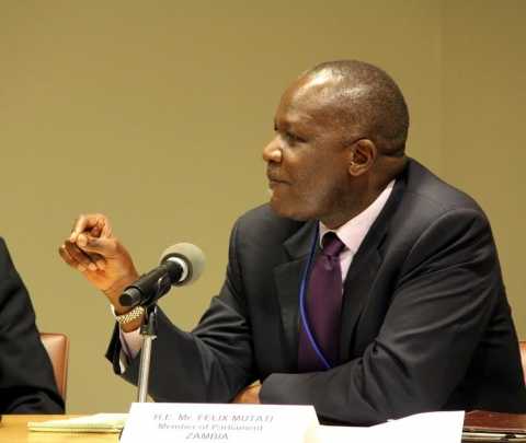 Lunte MP Felix Mutati (2nd right) with Zambia’s Deputy Permanent Representative to the UN Christine Kalamwina, on his left, at a panel discussion at UN Headquarters on 10 July, 2014. On his right are Rwanda Finance Minister Claver Gatete, UN Under-Secretary-General Gyan Chandra Acharya and Swiss Agency for Development's Pio Wennubst. PHOTO| CHIBAULA D. SILWAMBA | ZAMBIA UN MISSION