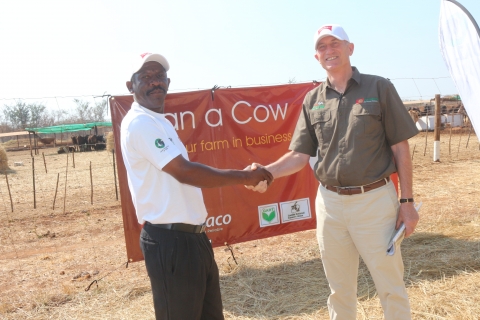 3  'Loan a Cow' beneficiary Chibombo farmer Gillard Shakete shaking hands with ZANACO CEO Bruce Dick