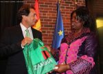 Minister of Tourism and Arts Jean Kapata giving a Zambia’s Golden Jubilee souvenir to Spain’s Casa África General-Director Luis Padrón (left) on 8-Sept-2014 in New York. PHOTO | Chibaula D. Silwamba | Zambia UN Mission