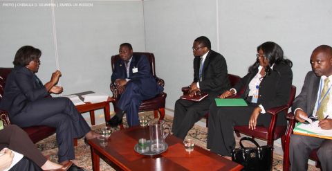 (Left to Right) US Assistant Secretary of State for African Affairs Linda Thomas-Greenfield, Zambia’s Foreign Affairs Minister Harry Kalaba, Zambia’s Ambassadors to US Palan Mulonda, Ambassador to UN Dr Mwaba Kasese-Bota and Foreign Ministry Assistant Director for International Organisations Eliphas Chinyonga at UN Headquarters 26-09-2014. PHOTO | CHIBAULA D. SILWAMBA | ZAMBIA UN MISSION