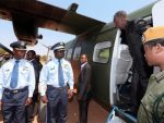 President Sata alights from the Zambia Air Force plane on arrival in Mkushi to drum up support for PF Parliamentary candidate Davies Chisopa on September 6,2014 -Picture by EDDIE MWANALEZA
