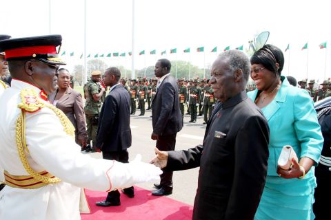 President Sata greets service Chiefs as First Lady Dr Christine Kaseba looks on on arrival at the National Assembly of Zambia for the opening of parliament on September 19, 2014 -Picture by THOMAS NSAMA