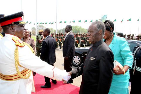 President Sata greets service Chiefs as First Lady Dr Christine Kaseba looks on on arrival at the National Assembly of Zambia for the opening of parliament on September 19, 2014 -Picture by THOMAS NSAMA