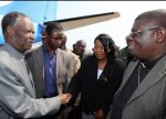 President Sata with Catholic Diocese of Solwezi Bishop Kasonde on arrival in Solwezi to drum up support for PF parliamentary candidate Newton Malwa on September 10,2014