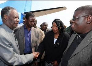 President Sata with Catholic Diocese of Solwezi Bishop Kasonde on arrival in Solwezi to drum up support for PF parliamentary candidate Newton Malwa on September 10,2014