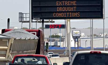 Texas drought warning Signs warning of drought and high temperatures in Texas. The UN has predicted climate hell by 2050. Photograph: Mike Stone/Reuters