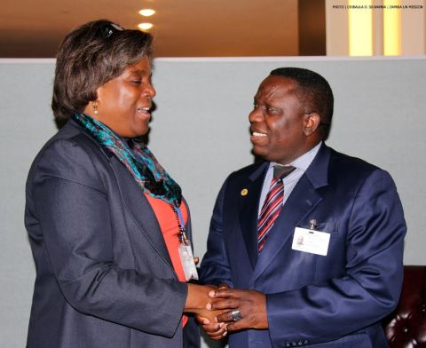 Zambia’s Foreign Affairs Minister Harry Kalaba and US Assistant Secretary of State for African Affairs Linda Thomas-Greenfield at UN Headquarters 26-09-2014. PHOTO | CHIBAULA D. SILWAMBA | ZAMBIA UN MISSION