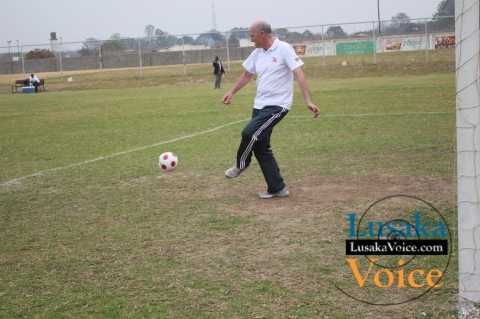 Zanaco MD Dick Bruce trying to control a ball during an exhibition match opposing ZANACO senior management do the Lusaka teachers the game ended on a lone goal draw