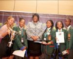 First Lady Dr Christine Kaseba with South Africa Debate team after the 2014 ZNBC: ZICTA Debate Time Southern Africa Grand Finale at Zambezi Sun International Hotel in Livingstone on October 4,2014 -Picture by THOMAS NSAMA