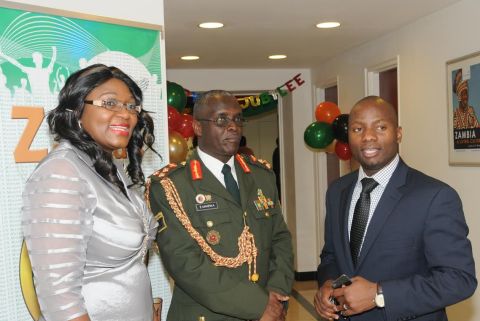 (L-R) Zambia’s Ambassador to UN Mwaba Kasese-Bota, Military Advisor Brigadier General Erick Mwewa and First Secretary for Press and Public Relations Chibaula Silwamba at the Golden Jubilee reception in New York on 24 October2014.