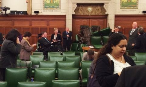 The Conservative party caucus room is shown with the door barricaded for safety, shortly after shooting began on Parliament Hill. Photograph- Nina Grewal:ReutersThe Conservative party caucus room is shown with the door barricaded for safety, shortly after shooting began on Parliament Hill. Photograph- Nina Grewal:Reuters