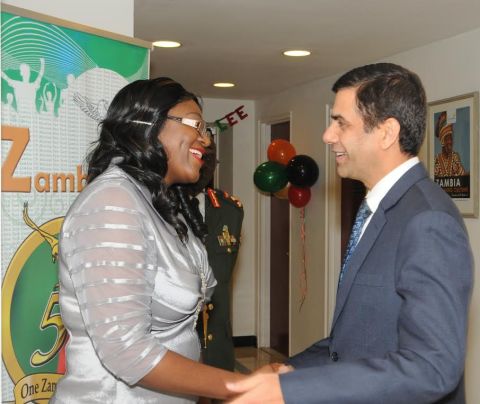 Zambia’s Ambassador to the UN Mwaba Kasese-Bota welcomes UN Under Secretary General Gyan Chandra Acharya at the Golden Jubilee reception for Ambassadors at Zambian Mission in New York on 24 October2014. PHOTO| John Oko Nyaku Zambia’s Ambassador to the UN Mwaba Kasese-Bota welcomes UN Under Secretary General Gyan Chandra Acharya at the Golden Jubilee reception for Ambassadors at Zambian Mission in New York on 24 October2014. PHOTO| John Oko Nyaku
