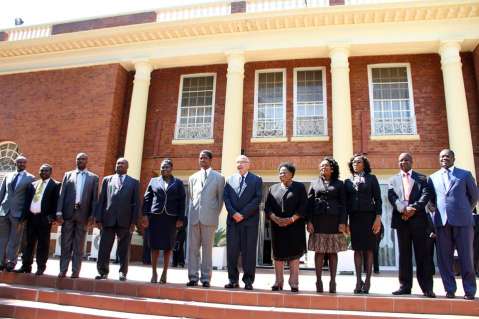 Acting President Dr Guy Scott, Defence and Justice minister Edgar Lungu, Acting Chief Justice Lombe Chibesakunda with newly sworn-in-Judges at State House on November 25,2014 -Picture by THOMAS NSAMA