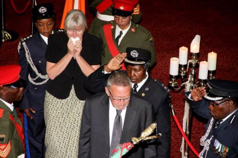 Acting President Dr Guy Scott with wife Charlotte Scott during the Body viewing ceremony of President Sata at Mulungushi International Conference Centre -Picture by THOMAS NSAMA