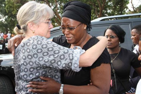 First Lady Dr Christine Kaseba being embraced by Acting President Dr Guy Scott's wife Charlotte on arrival at Lusaka Show grounds for the gathering to Celebrate President Sata's life on Nov 6,2014 -Picture by THOMAS NSAMA