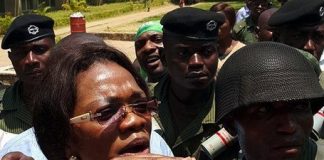 chairperson for Elections Sylvia Masebo escorted by armed police officers stormed Mulungushi Rock of Authority