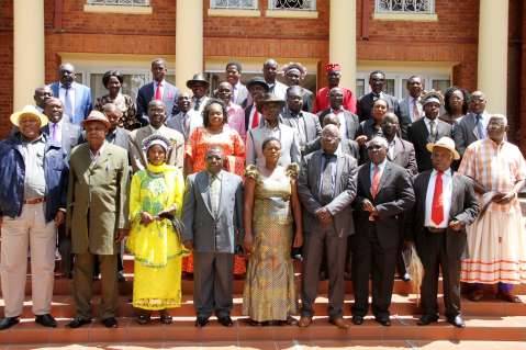 President Edgar Chagwa Lungu, Vice-President Inonge Wina, PF Secretary General Davies Chama with Chiefs from Luapula, North-Western Province and Eastern Province when they paid a courtesy call on him at State House where they congratulated him for winning the January 20th Presidential elections on January 27,2015-Picture by THOMAS NSAMA