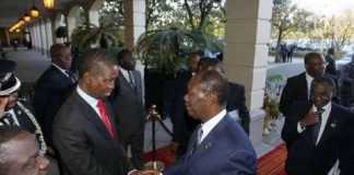 President Edgar Chagwa Lungu (left) welcomes Ivory Coast, President Alesane Quatara at at Sheraton Hotel in Addis Ababa on Thursday,January 29,215. PICTURE BY SALIM HENRY/STATE HOUSE