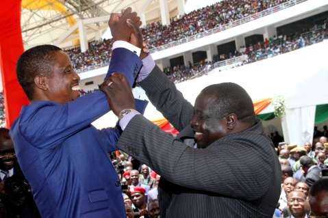 President Edgar Lungu with Sports minister Chishimba Kambwili during his Inauguration Ceremony at Heroes Stadium in Lusaka on January 25,2015 -Picture by THOMAS NSAMA