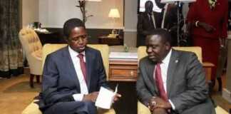 President Edgar Lungu with Foreign Affairs minister Harry Kalaba in Zimbabwe on February 6,2015 -Picture by SALIM HENRY