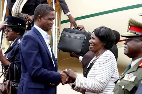 President Lungu being welcomed by Vice-President Inonge Wina on arrival at Kenneth Kaunda International Airport from Addis Ababa, Ethiopia on February 1,2015 -Picture by THOMAS NSAMA