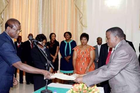 Acting President Ngosa Simbyakula swears in Permanent Secretaries at State House on March 13,2015 -PICTURES BY THOMAS NSAMA AND EDDIE MWANALEZA