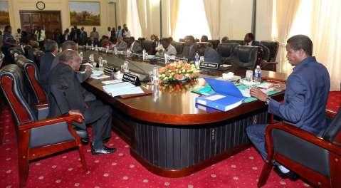 His Excellency Mr Edgar C. Lungu, President of the Republic of Zambia, chairing Cabinet Meeting at State House in Lusaka Zambia on Monday 16 March 2015. PHOTOS | EDDIE MWANALEZA