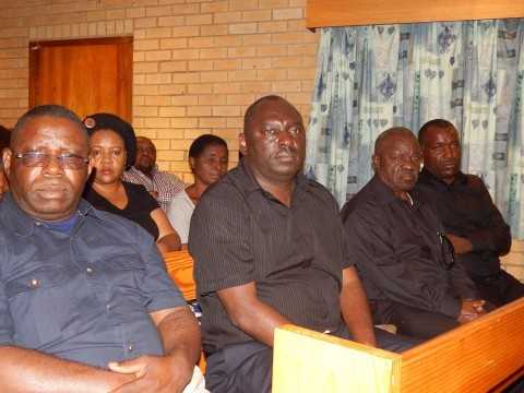 L-R- PF member of the Central Committee, Mr. Samuel Mukupa, PF Secretary General, Mr. Davies Chama; Mr. Willie Nsanda (Senior), and Mr. Andrew Kachibe, cousin to the late Mr. Nsanda at the church service. - Credit Nicky Shabolyo