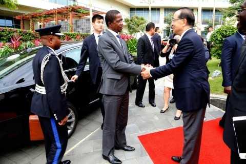 President Edgar Lungu Greets Mr David Ying General Manager of MGM Grand Hotel in Sanya, China on Friday 27-03-2015 -PICTURE BY EDDIE MWANALEZA:STATEHOUSE.